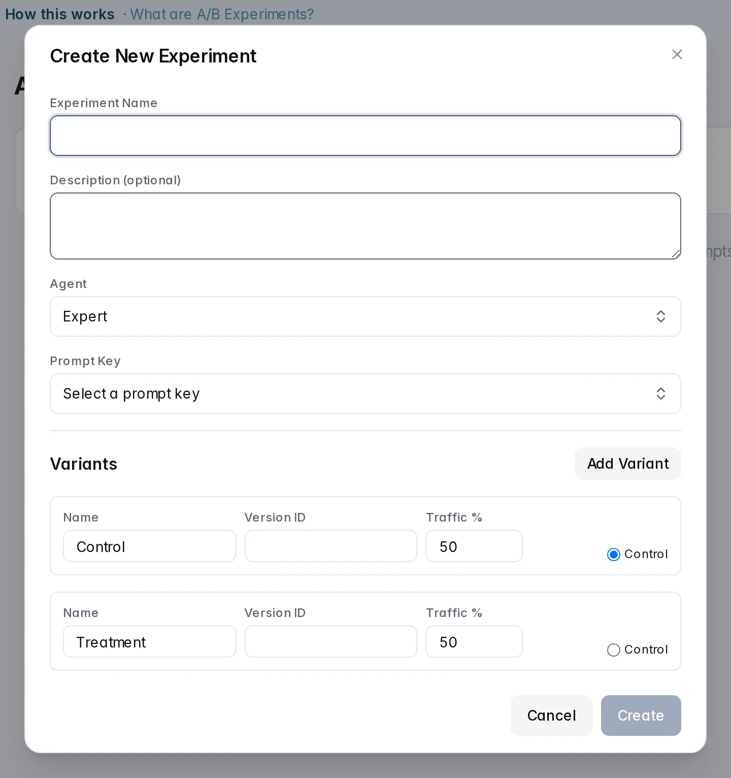 The Create New Experiment dialog