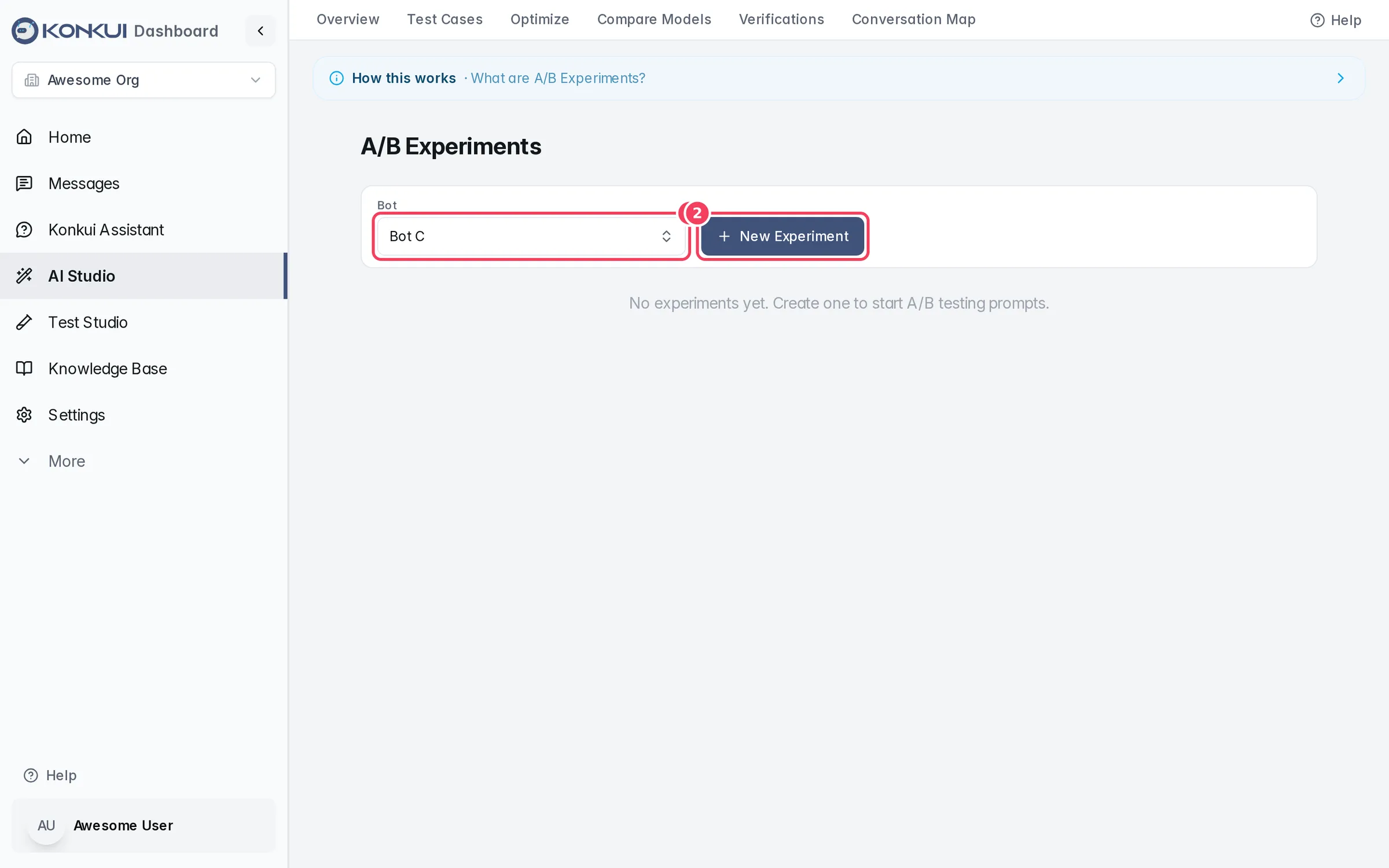 The A/B Experiments tab with a bot selected