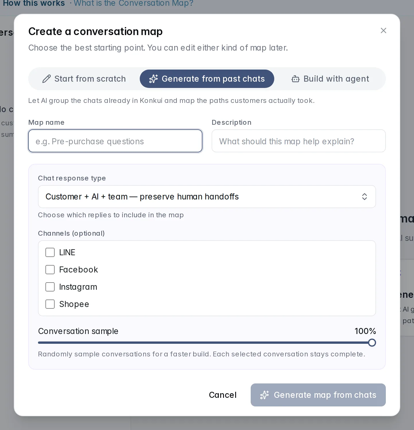 The Create a conversation map dialog on Generate from past chats