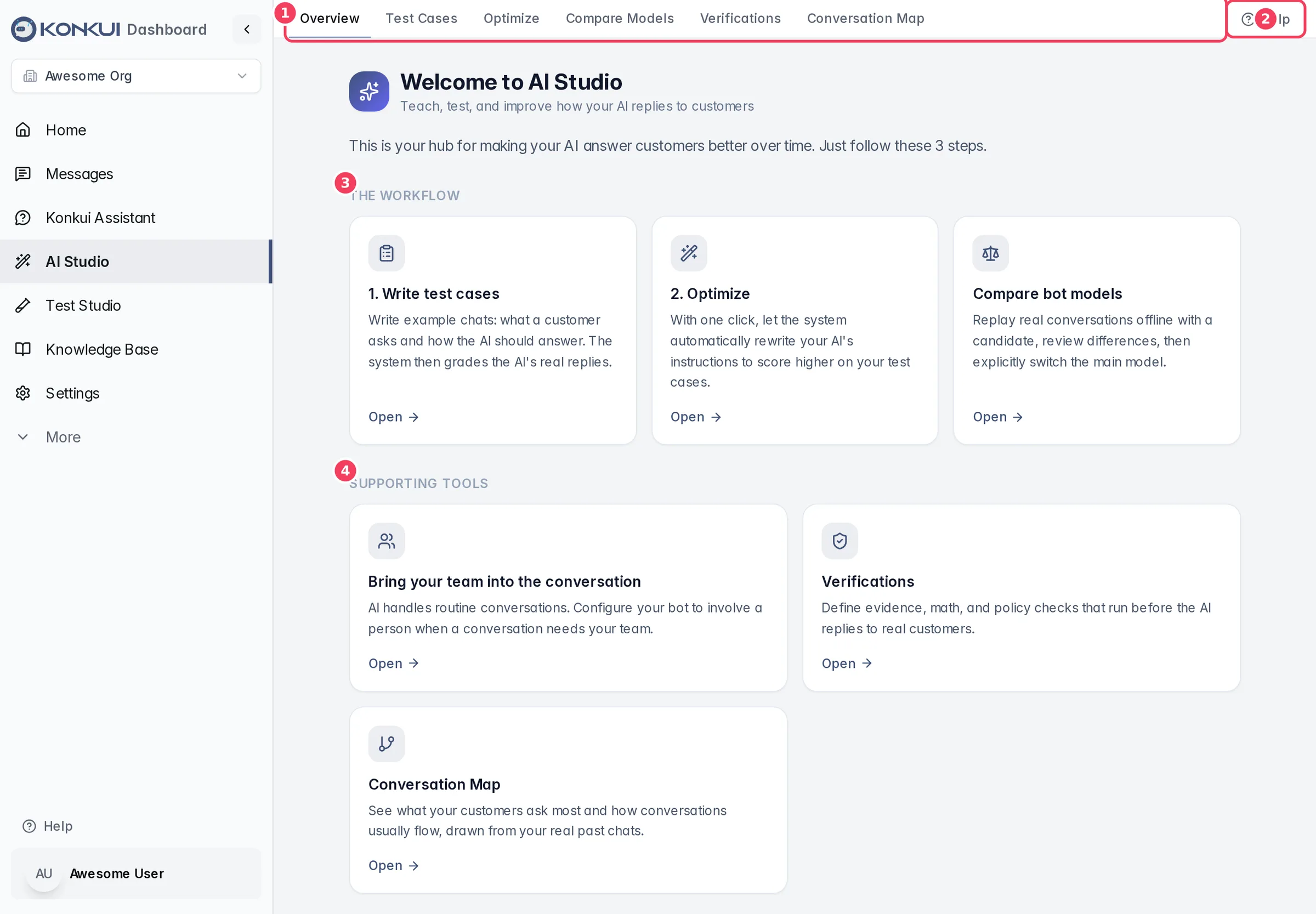 AI Studio overview with the tab strip, Help button, workflow cards and supporting tools
