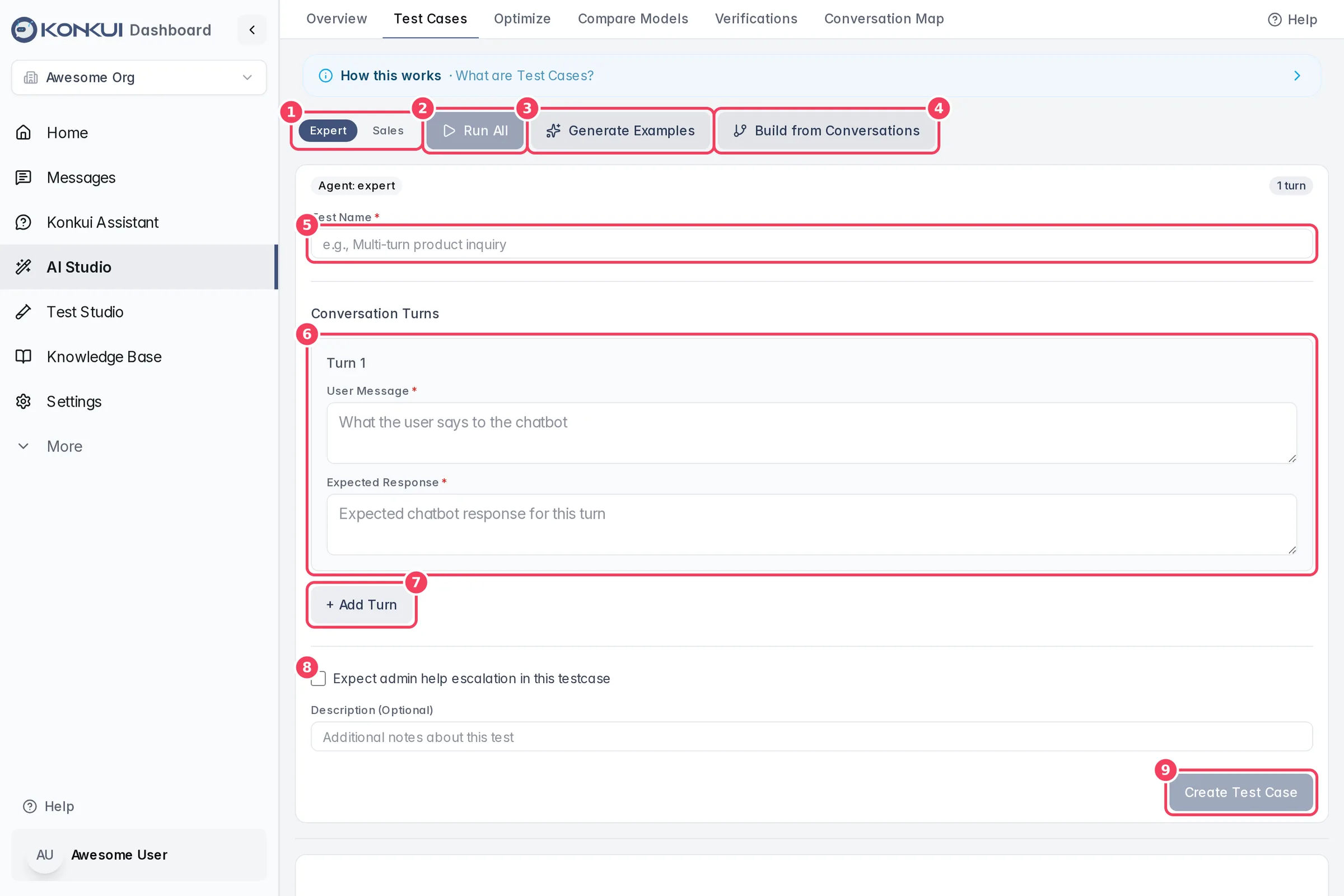 The Test Cases tab with the create form and its actions