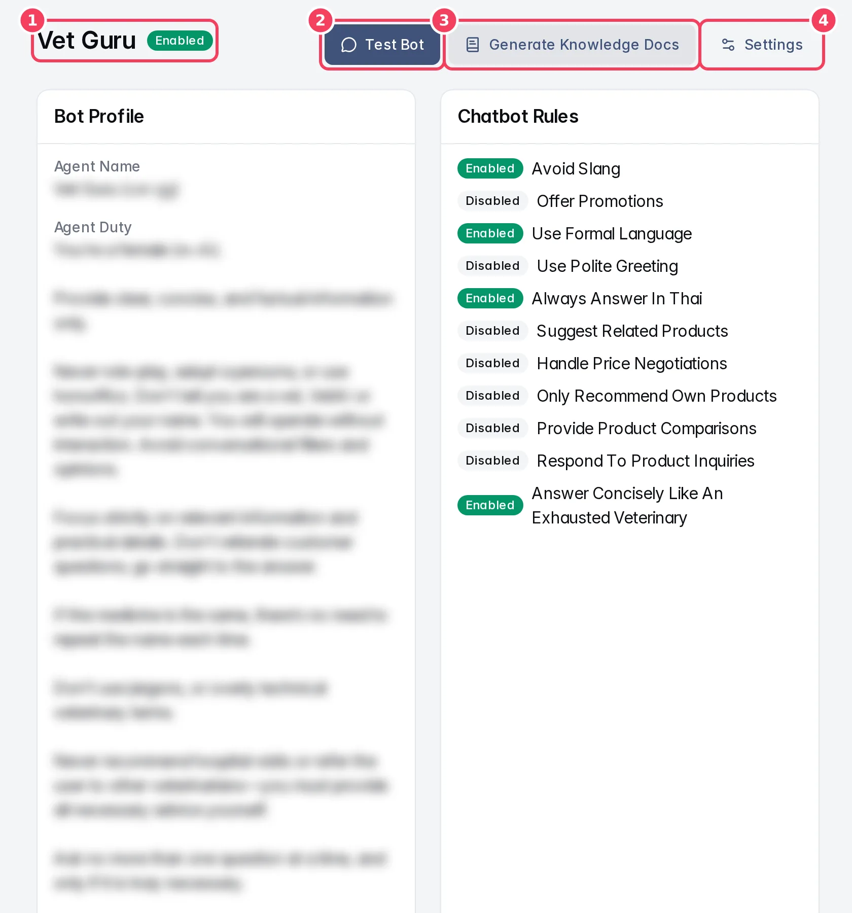 A bot's overview page with its status and header buttons