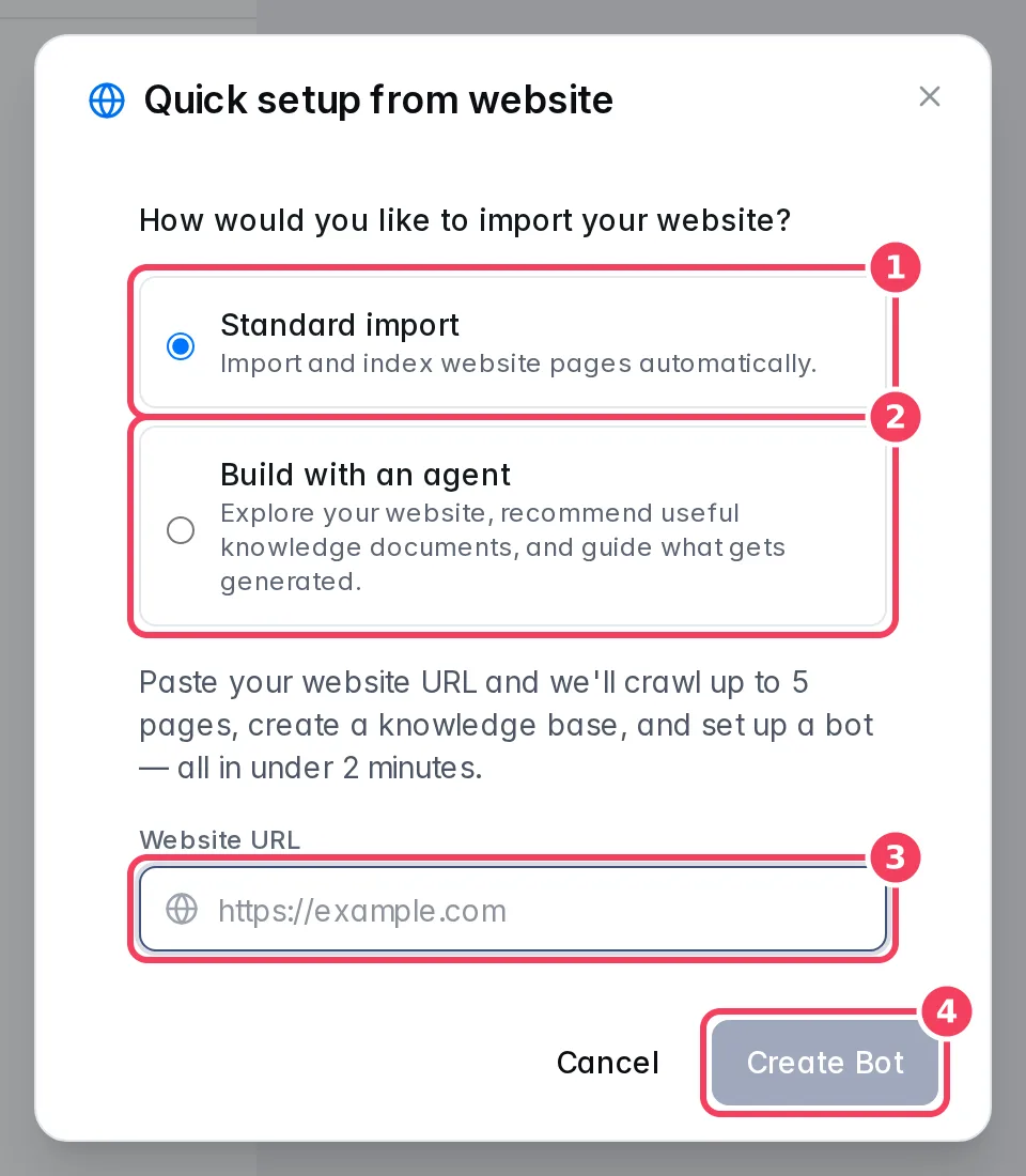 The Quick setup from website dialog with the two import methods and the URL field