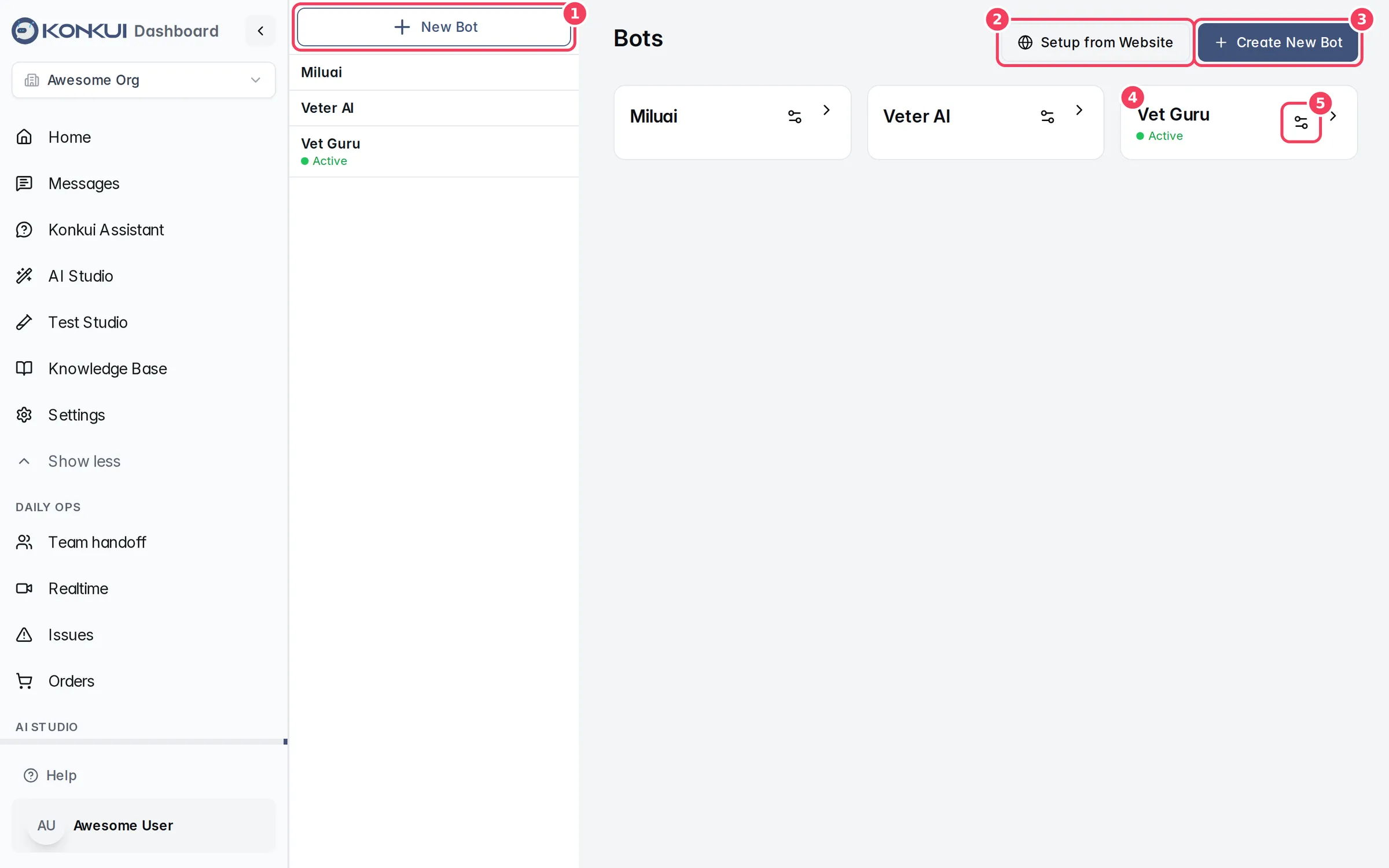 The Bots page with the bot sidebar, the setup buttons and bot cards