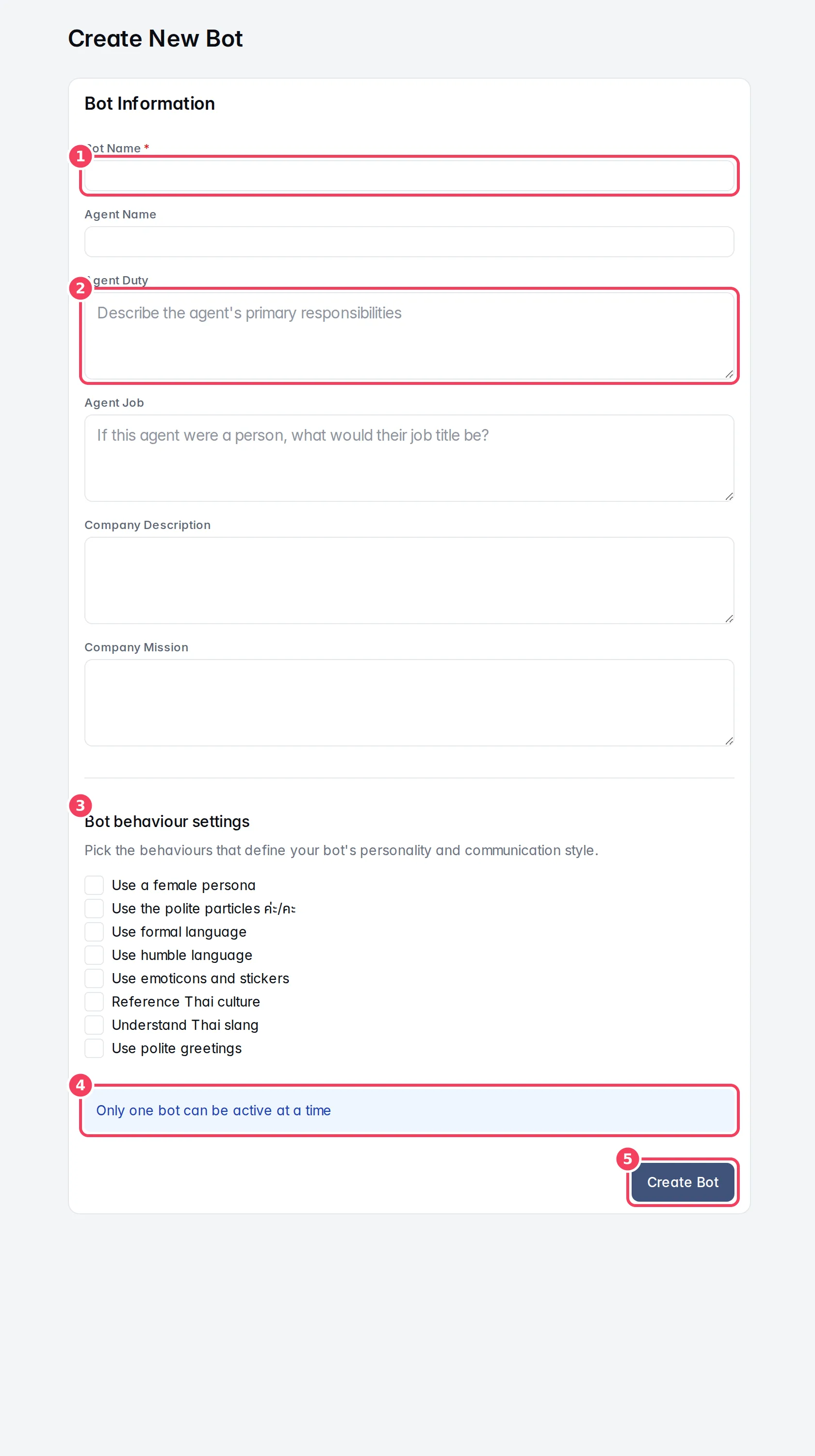 The Create New Bot form