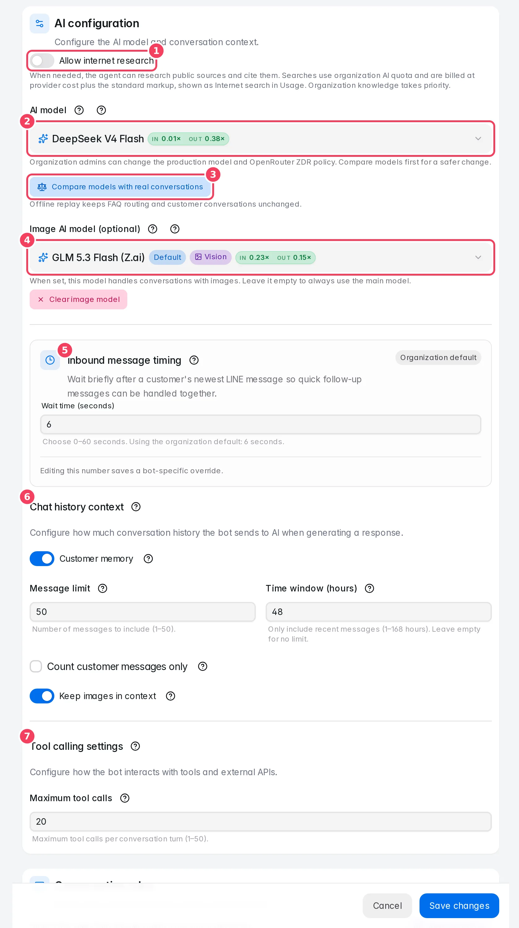 Bot settings: AI configuration, inbound timing, chat history and tool calls
