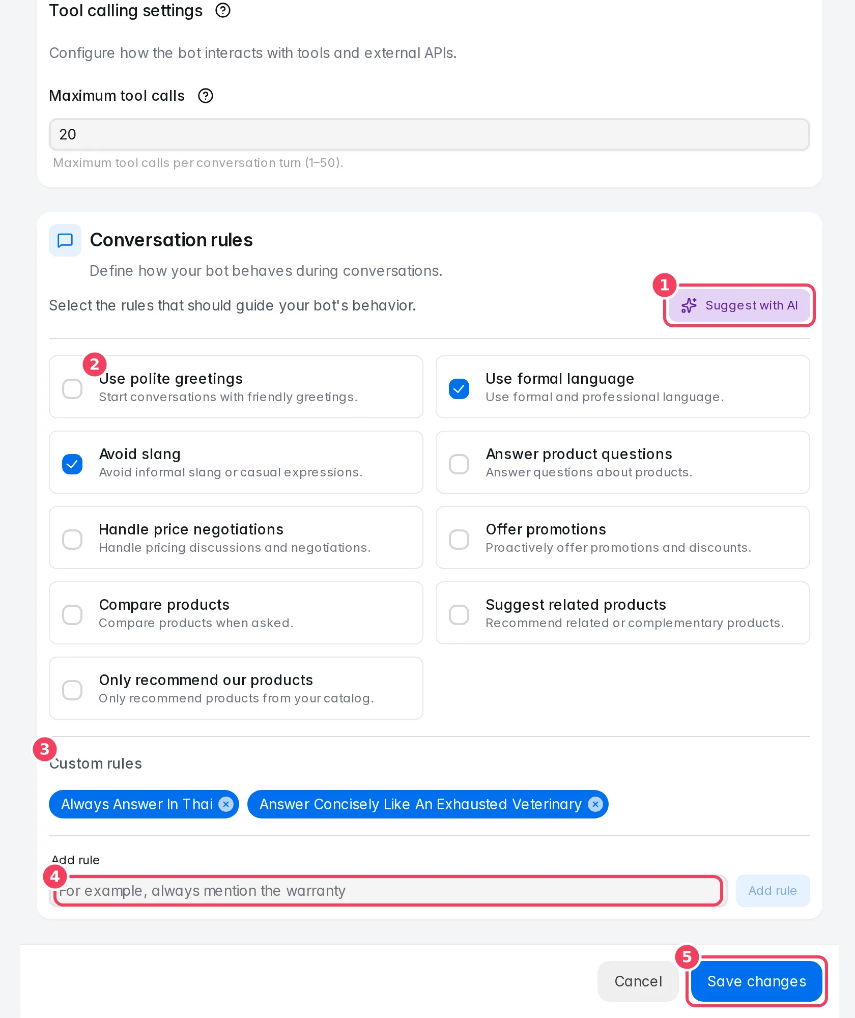 Bot settings: conversation rules and custom rules