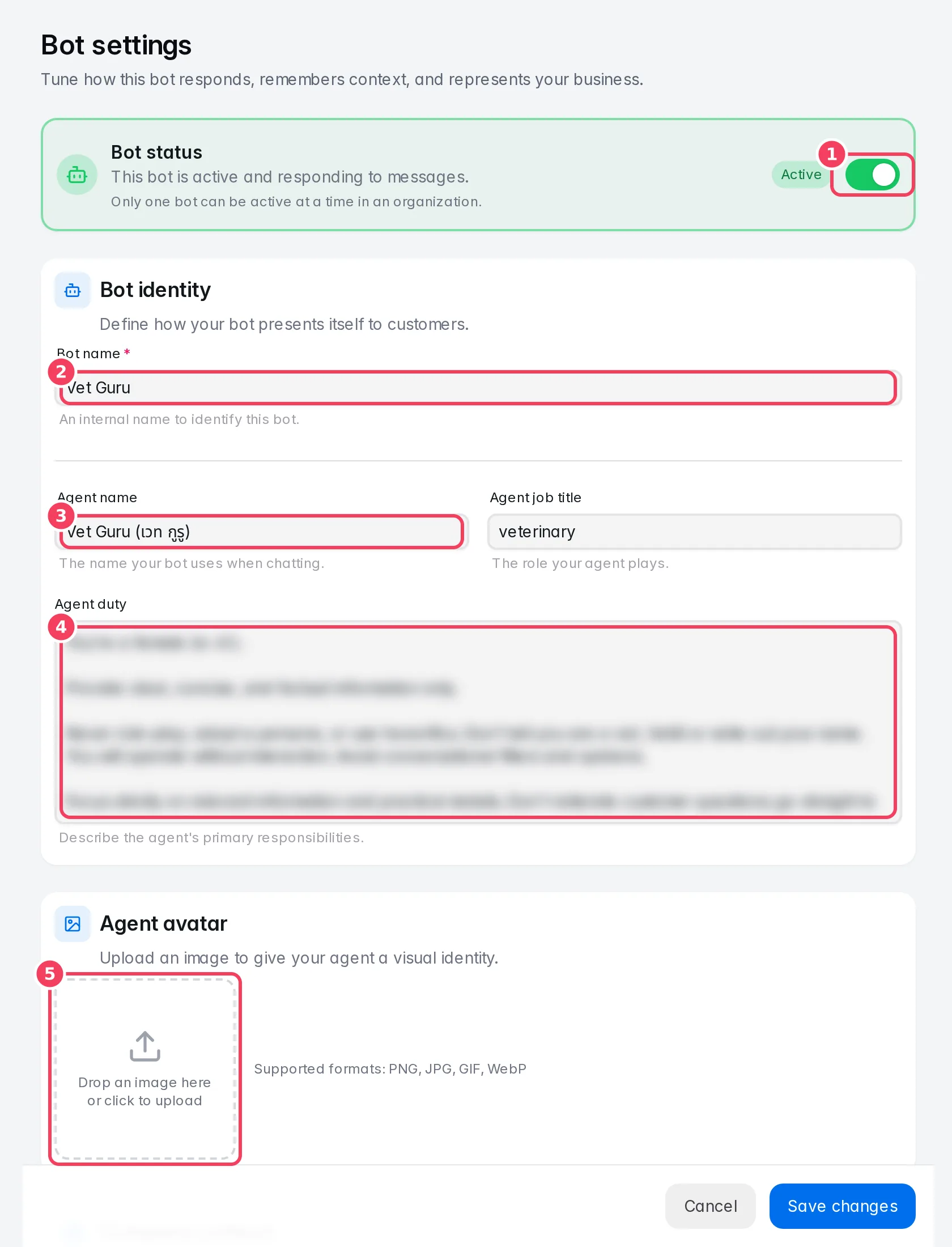 Bot settings: status, identity and avatar