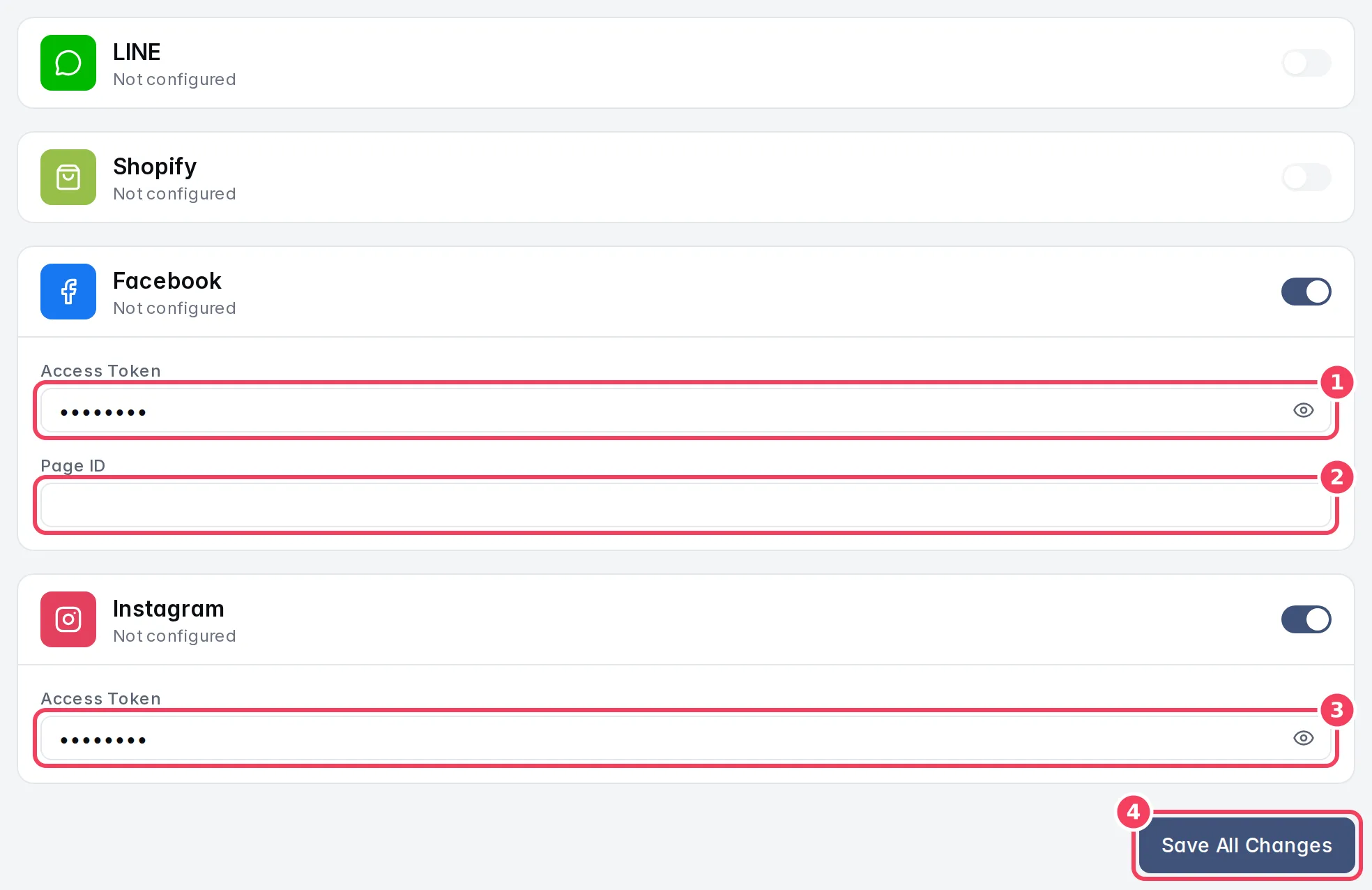 Facebook and Instagram fields