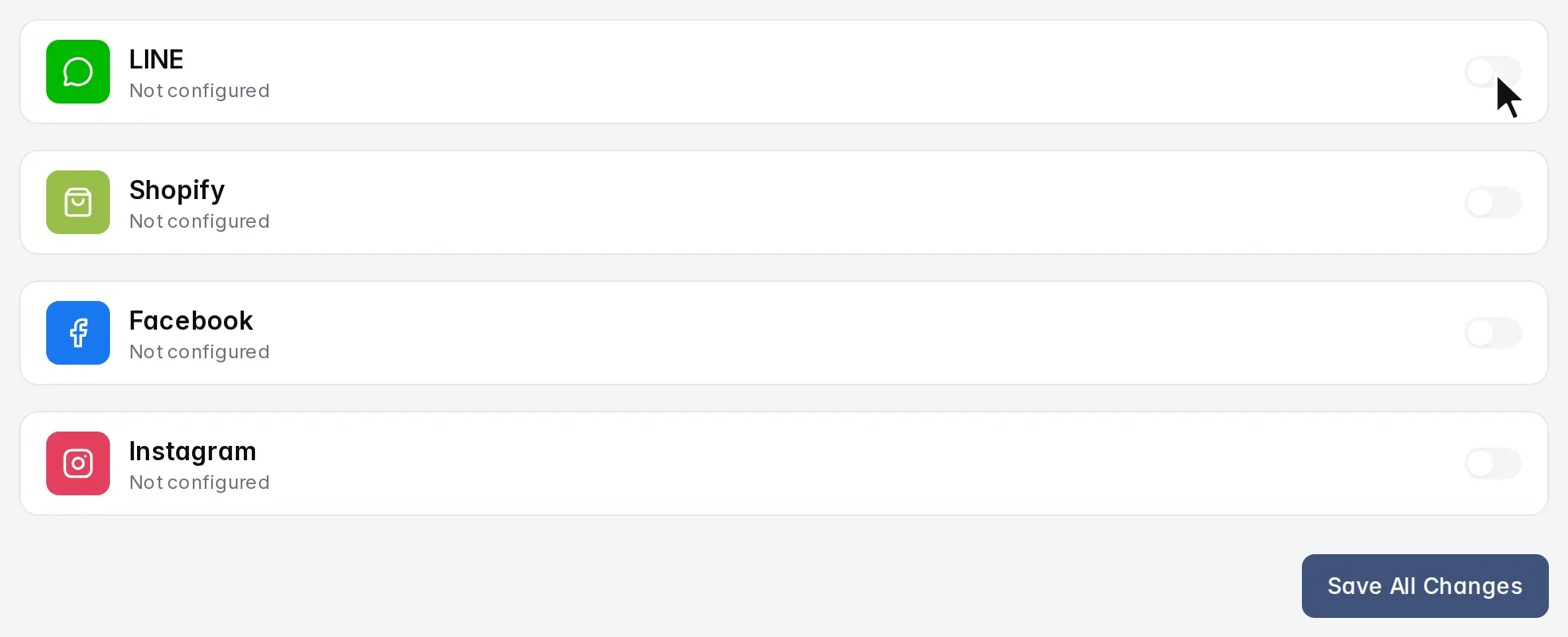 The LINE card switch in Integrations