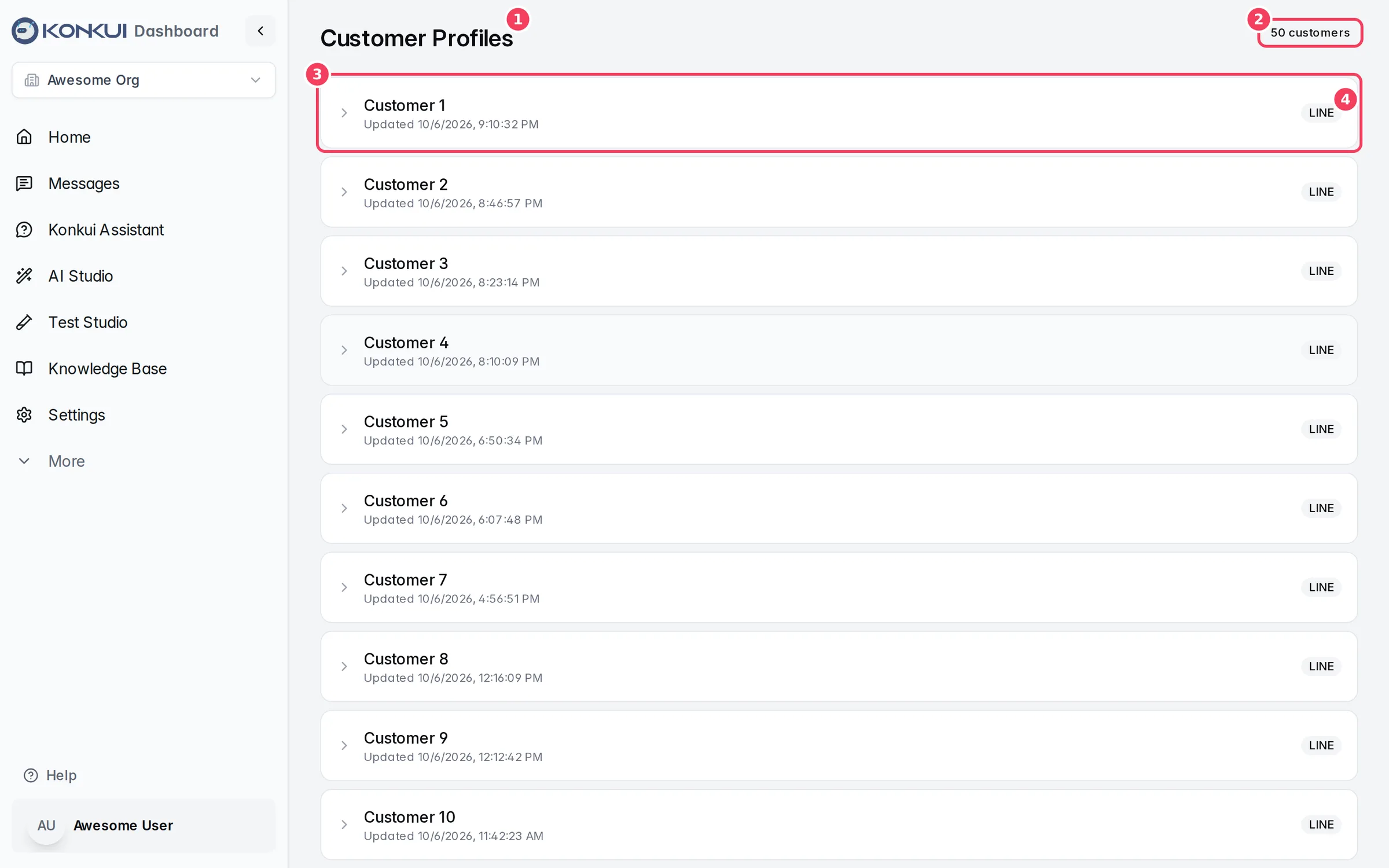 The Customer Profiles list with one row per customer
