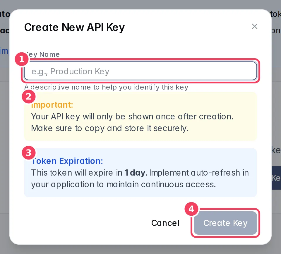 The Create New API Key dialog