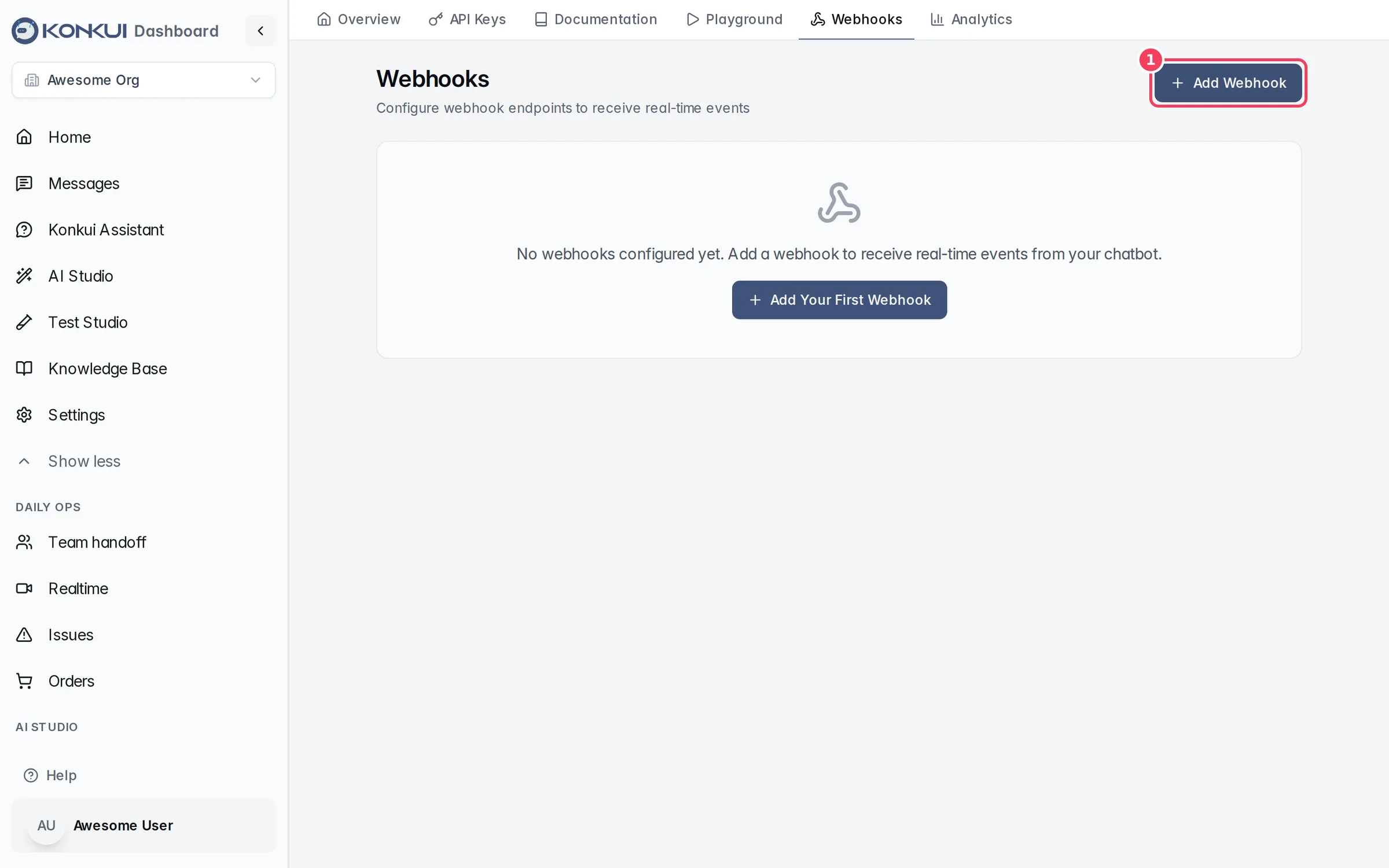 The Webhooks tab