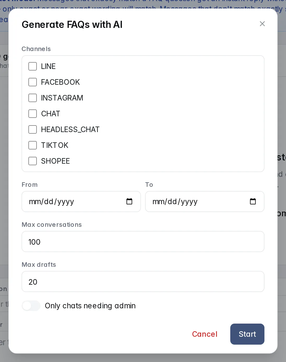 The Generate FAQs with AI settings