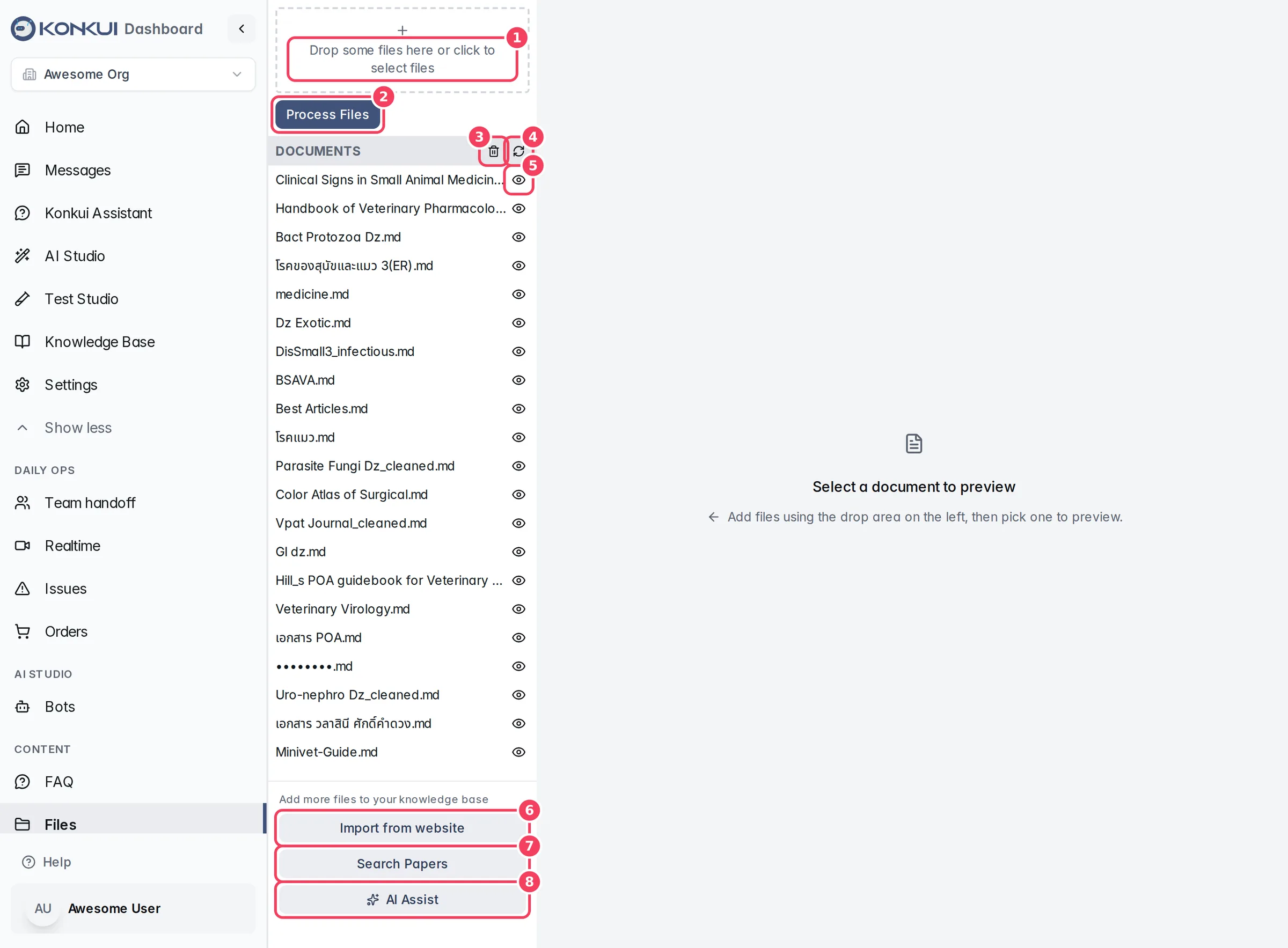 The Files page with the drop area, document list and the add-more buttons