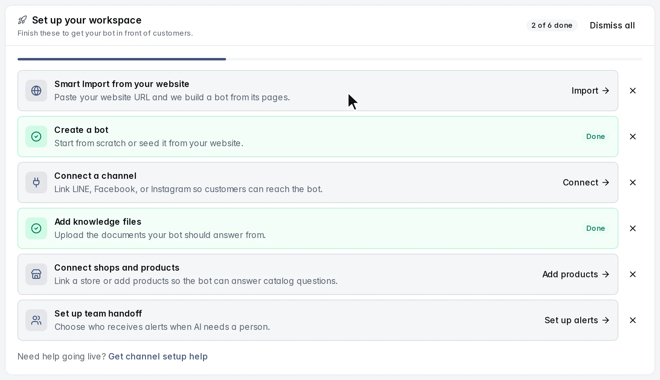 The setup checklist on Home, with the Smart Import task
