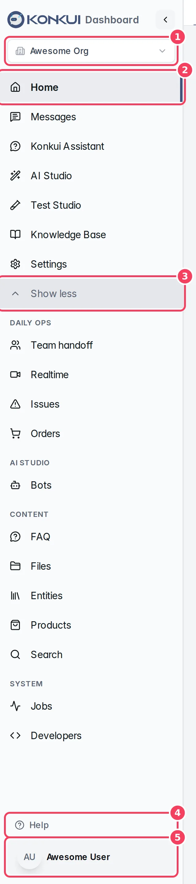 The dashboard sidebar with the workspace switcher, everyday menu, More section, Help and profile menu