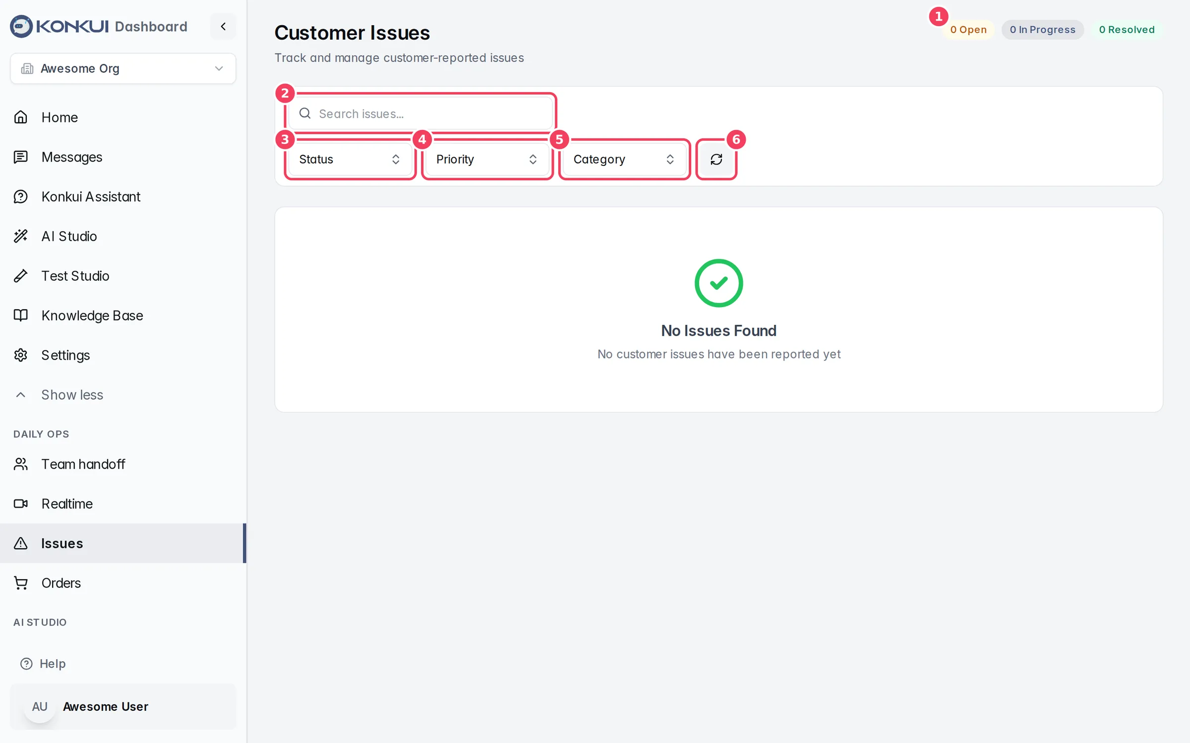 The Customer Issues page with status counts, search and filters
