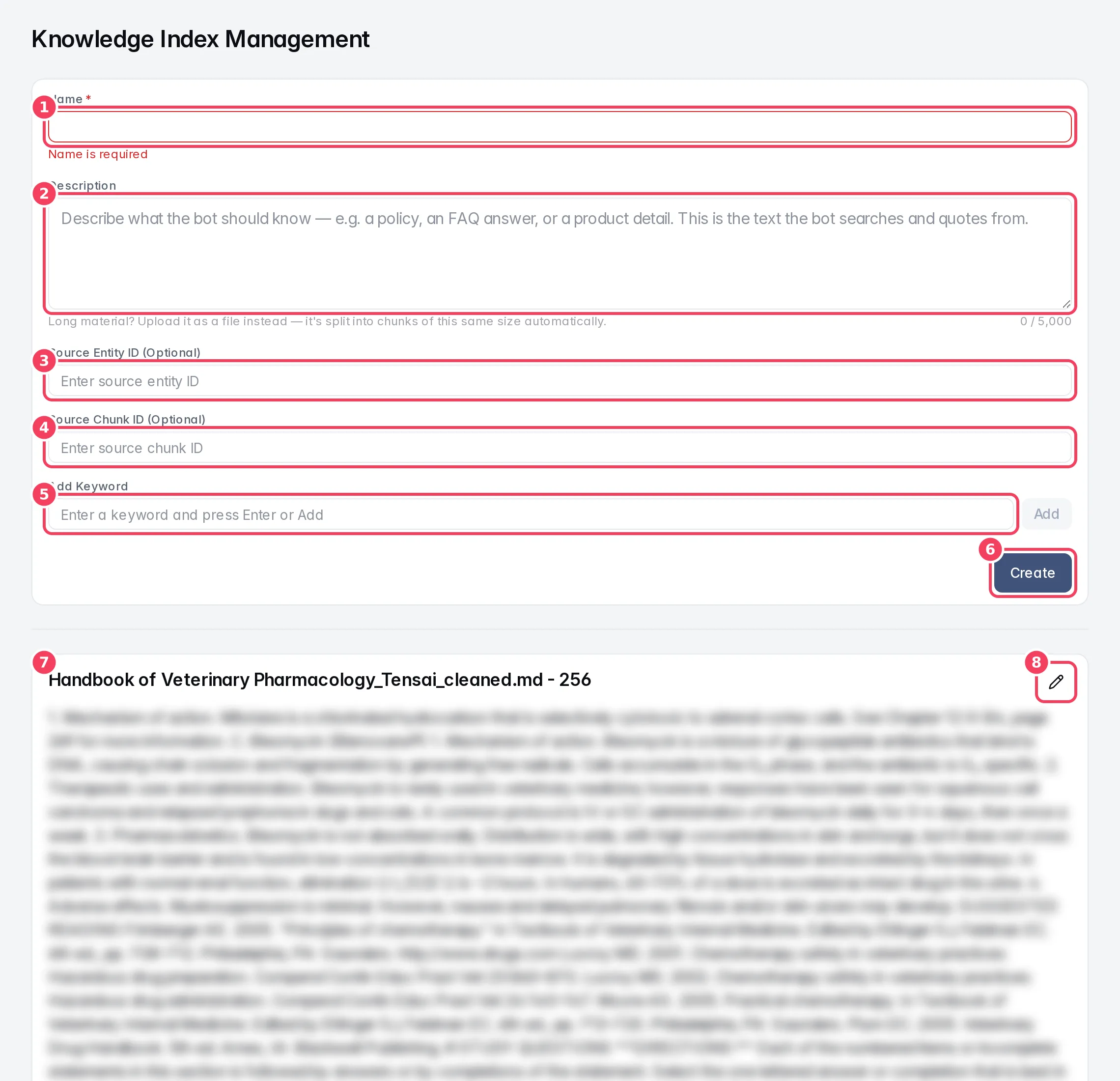 The Knowledge Index Management page with the create form and an entry