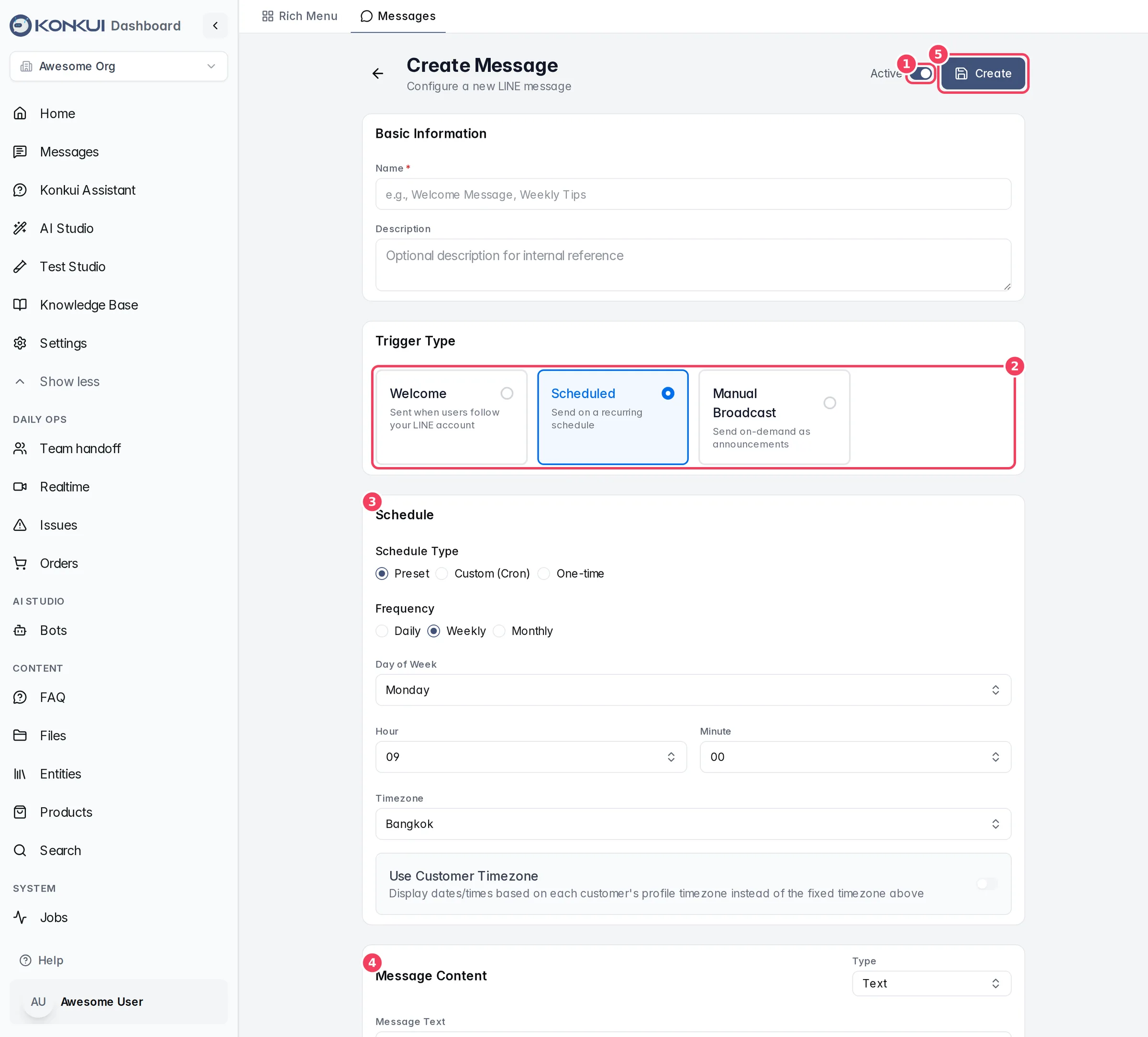 The message editor with the Scheduled trigger selected