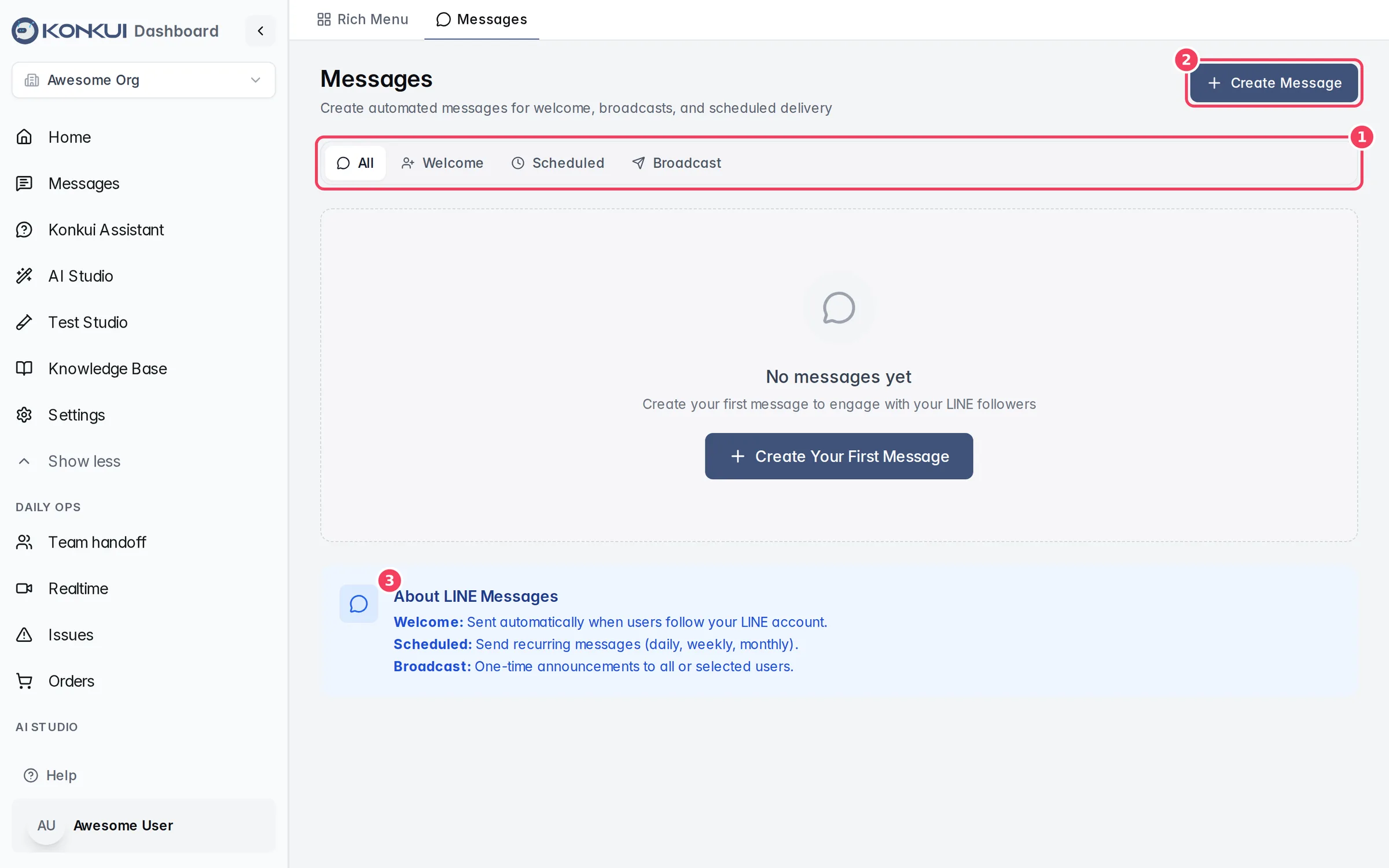 The Messages tab with trigger filters
