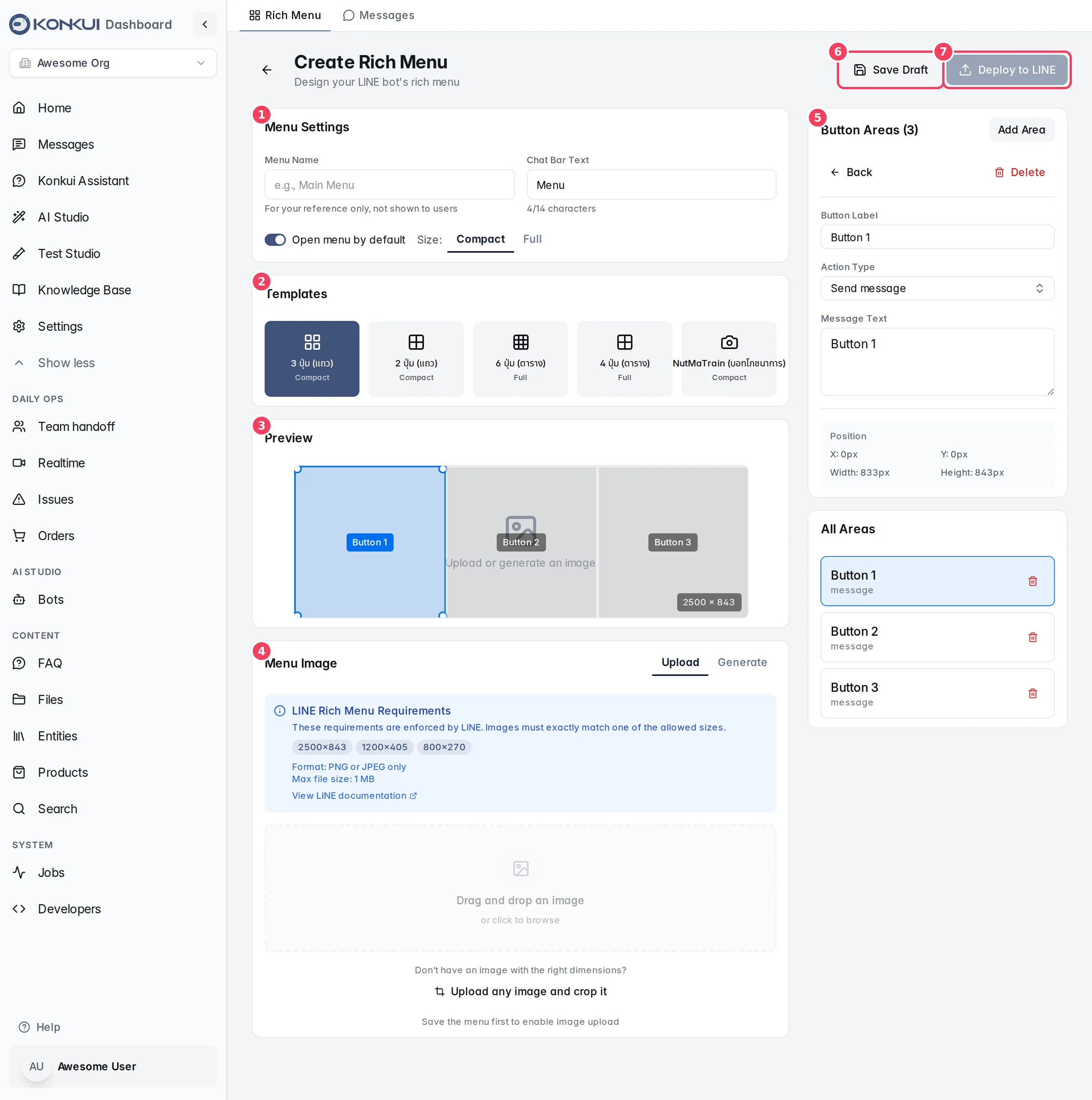 The rich-menu editor with a three-button template