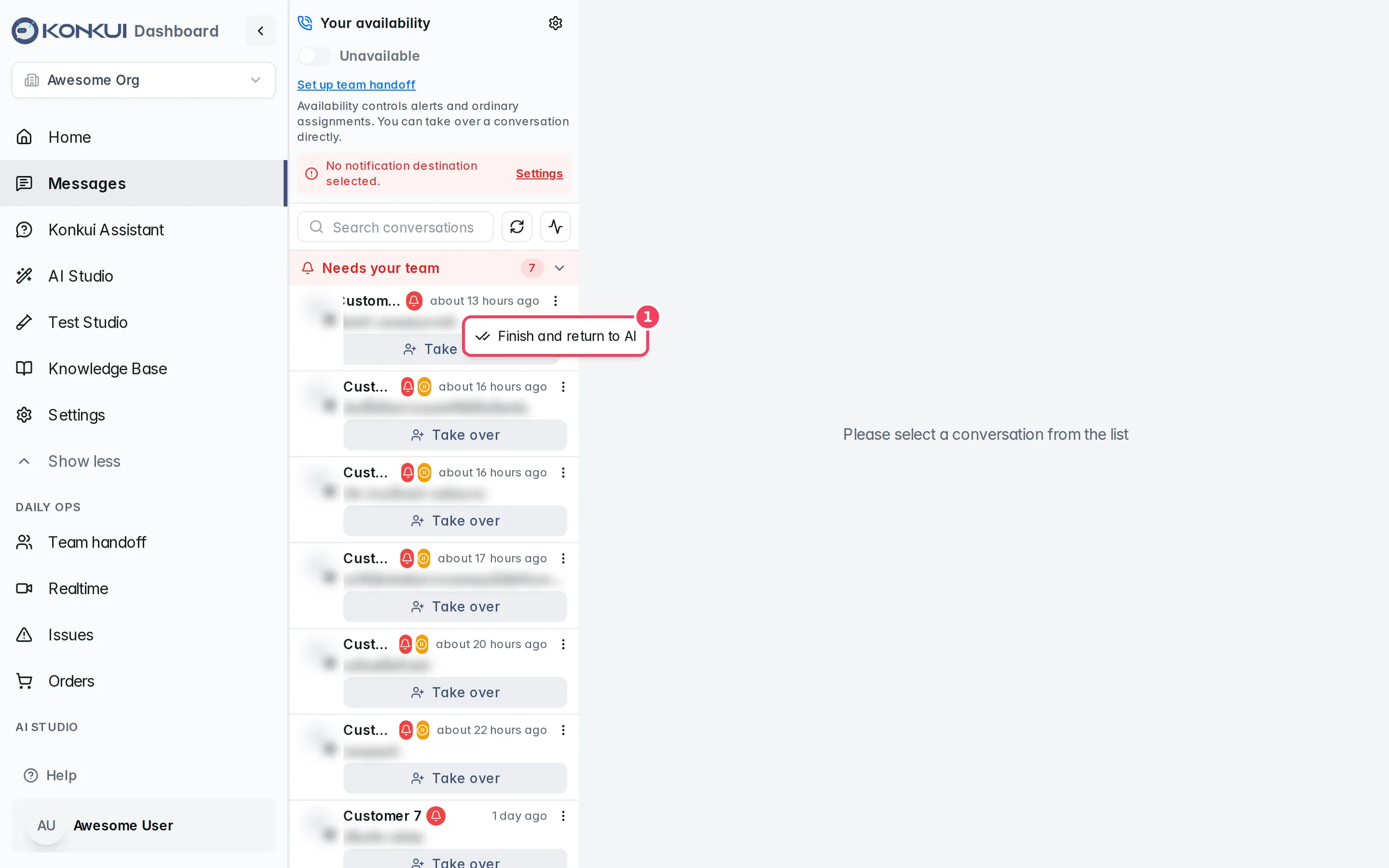 The row menu with Finish and return to AI