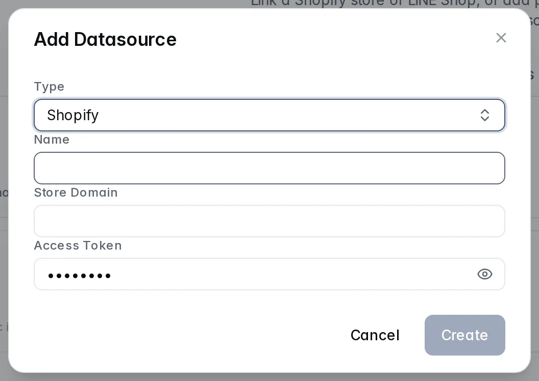 The Add Datasource dialog for Shopify