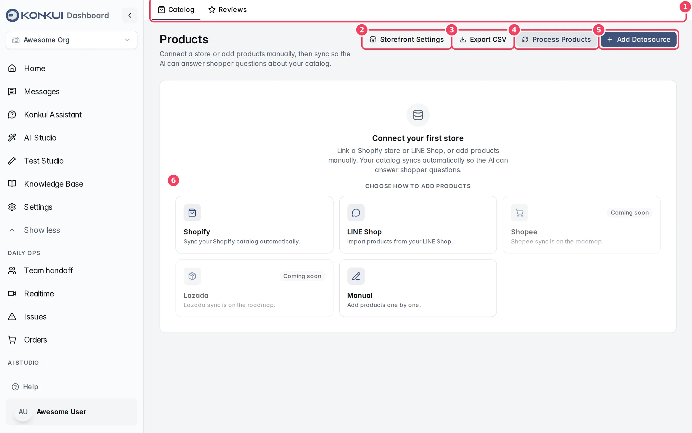 The Products page before any store is connected