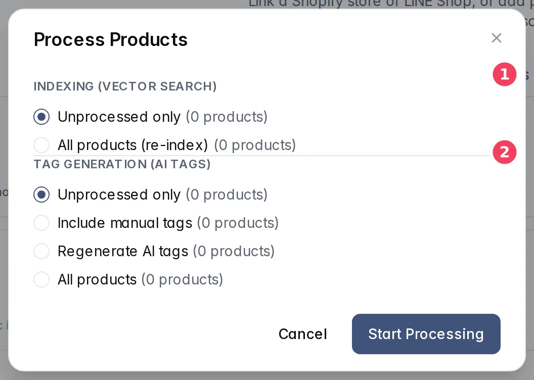 The Process Products dialog