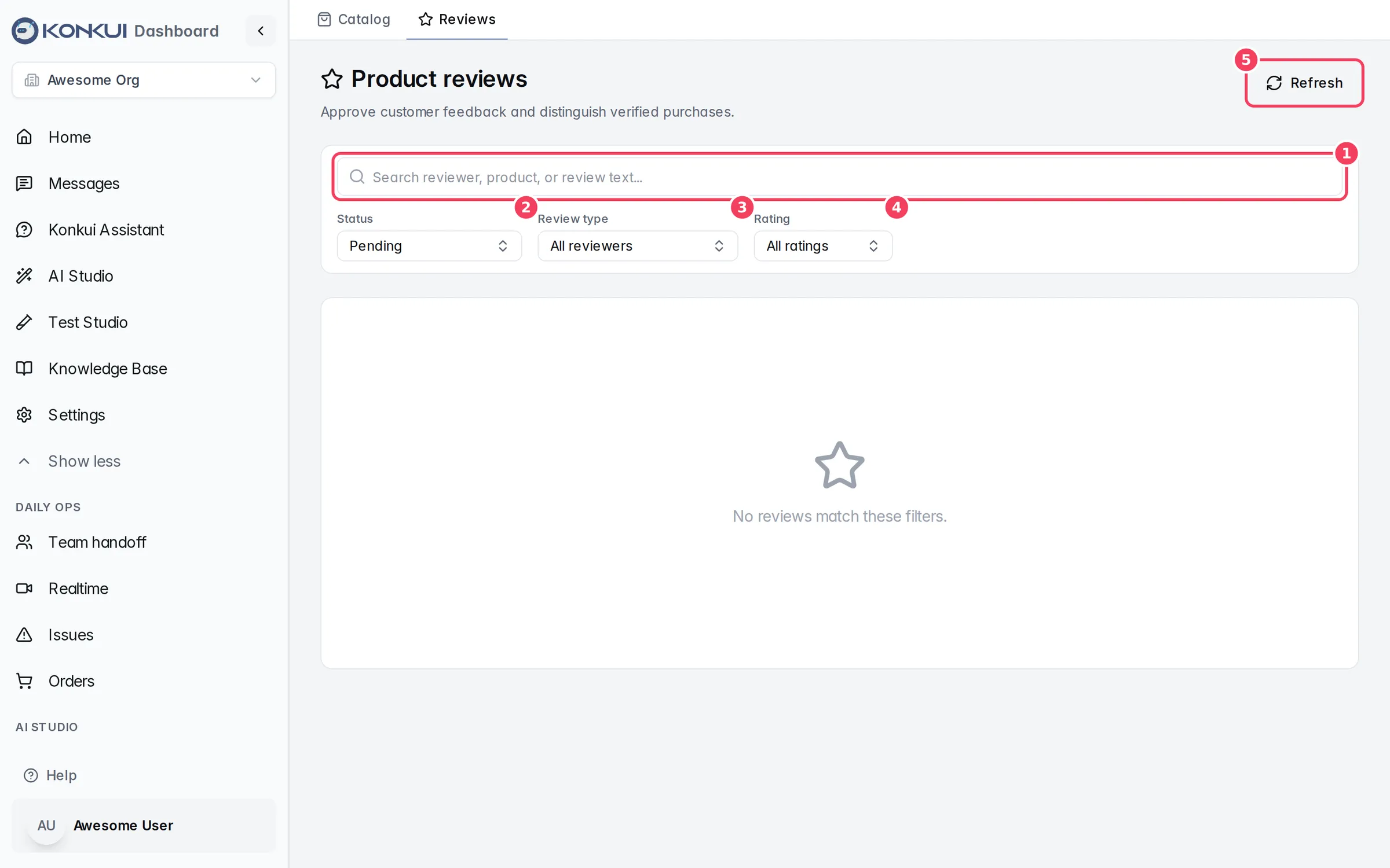 The Product reviews list with filters
