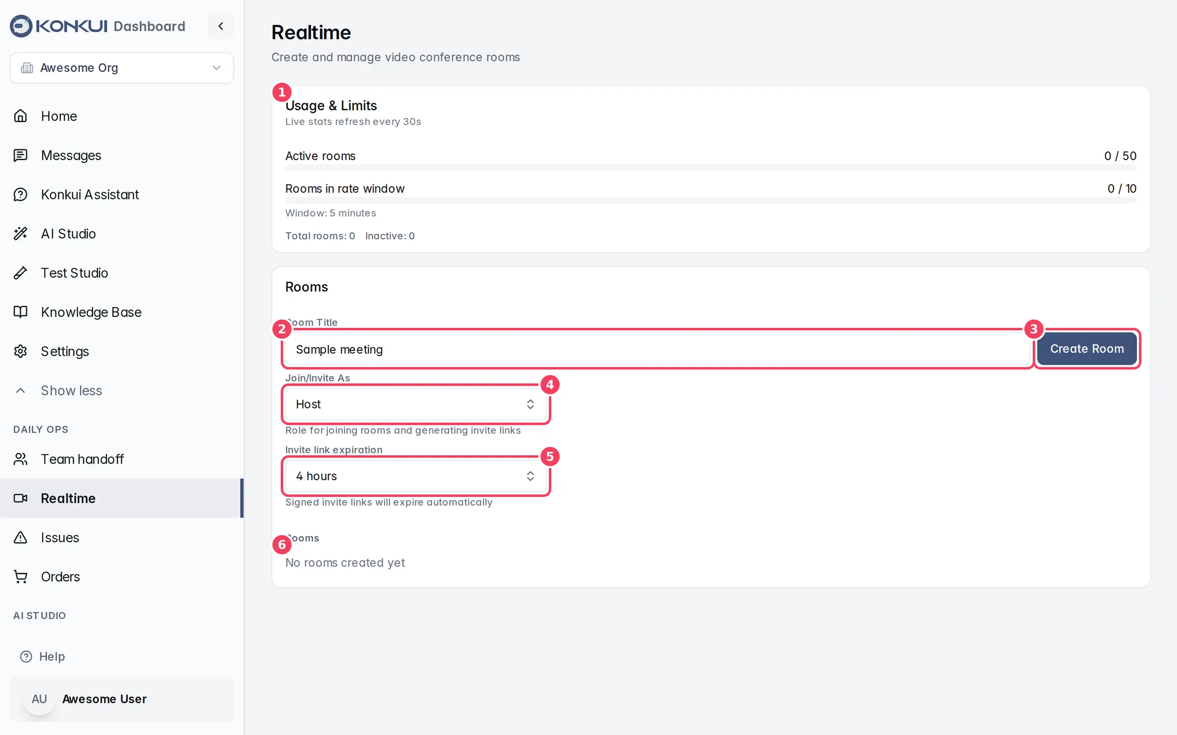 The Realtime page with usage limits, the new room form and the room list