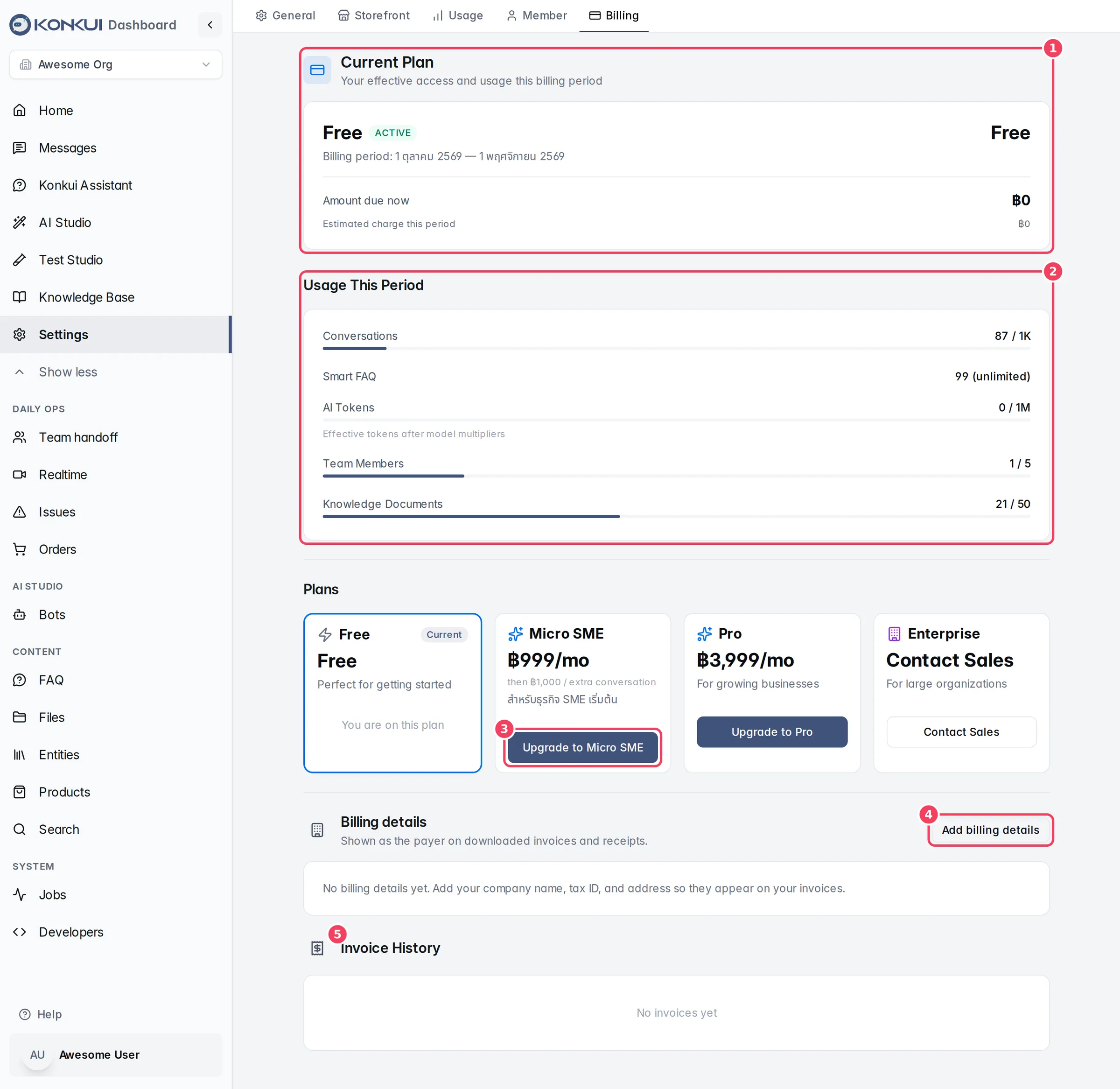 Settings › Billing, with the Upgrade button highlighted