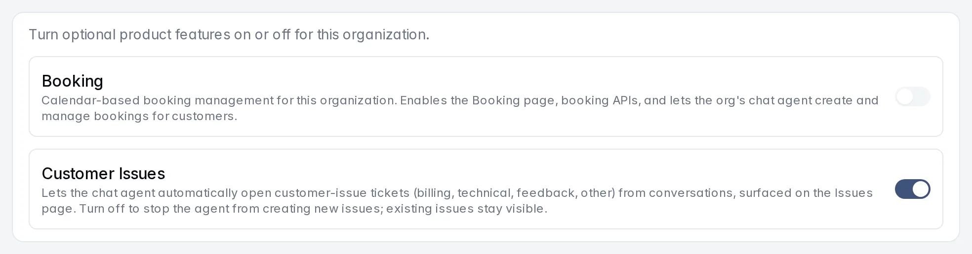 The Features section with feature switches