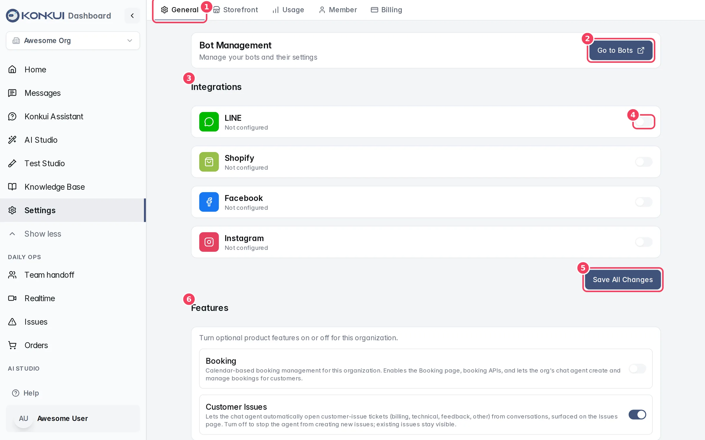 Settings › General page with the integrations list and features