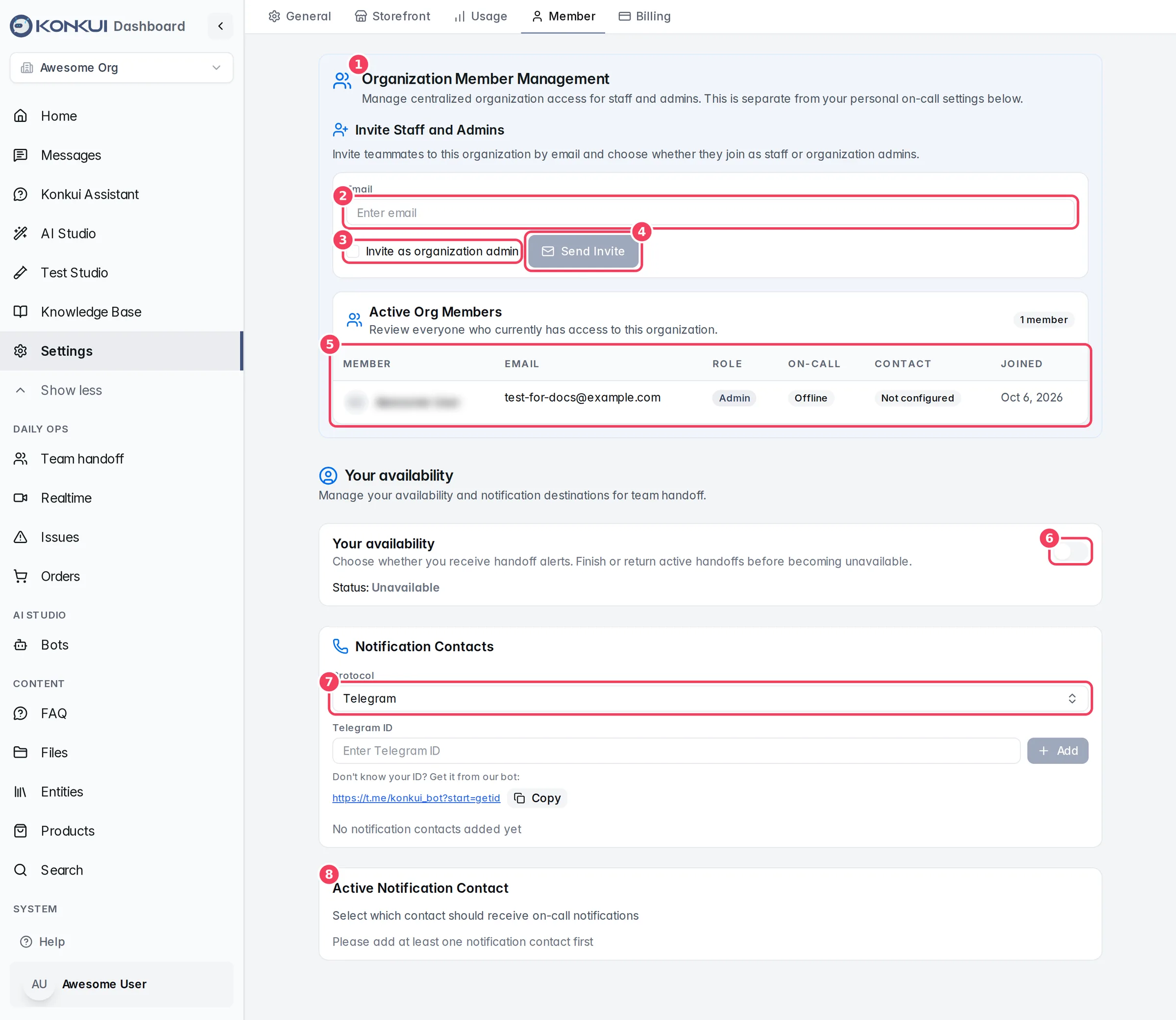The Member settings tab with member management, availability and notification contacts