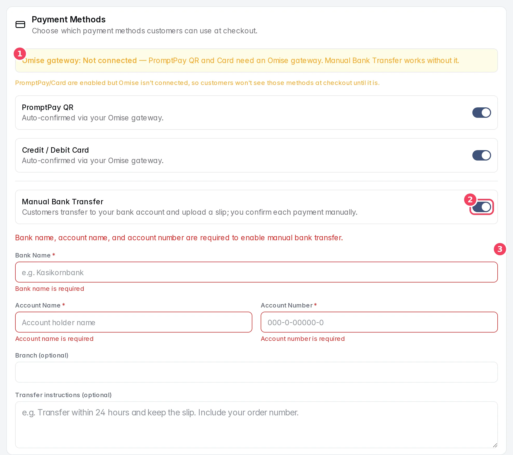 Payment Methods with Manual Bank Transfer turned on