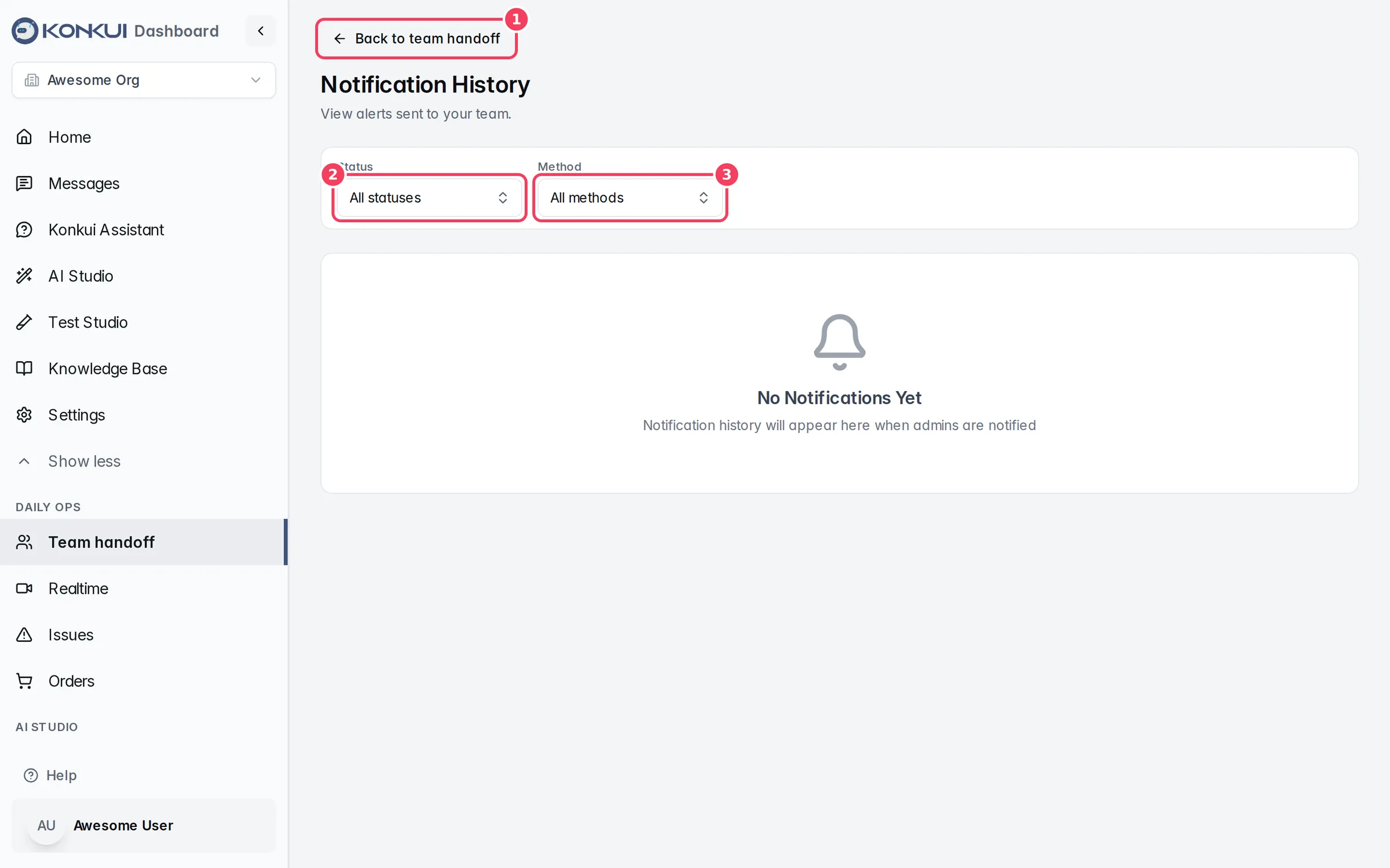 The Notification History page with status and method filters