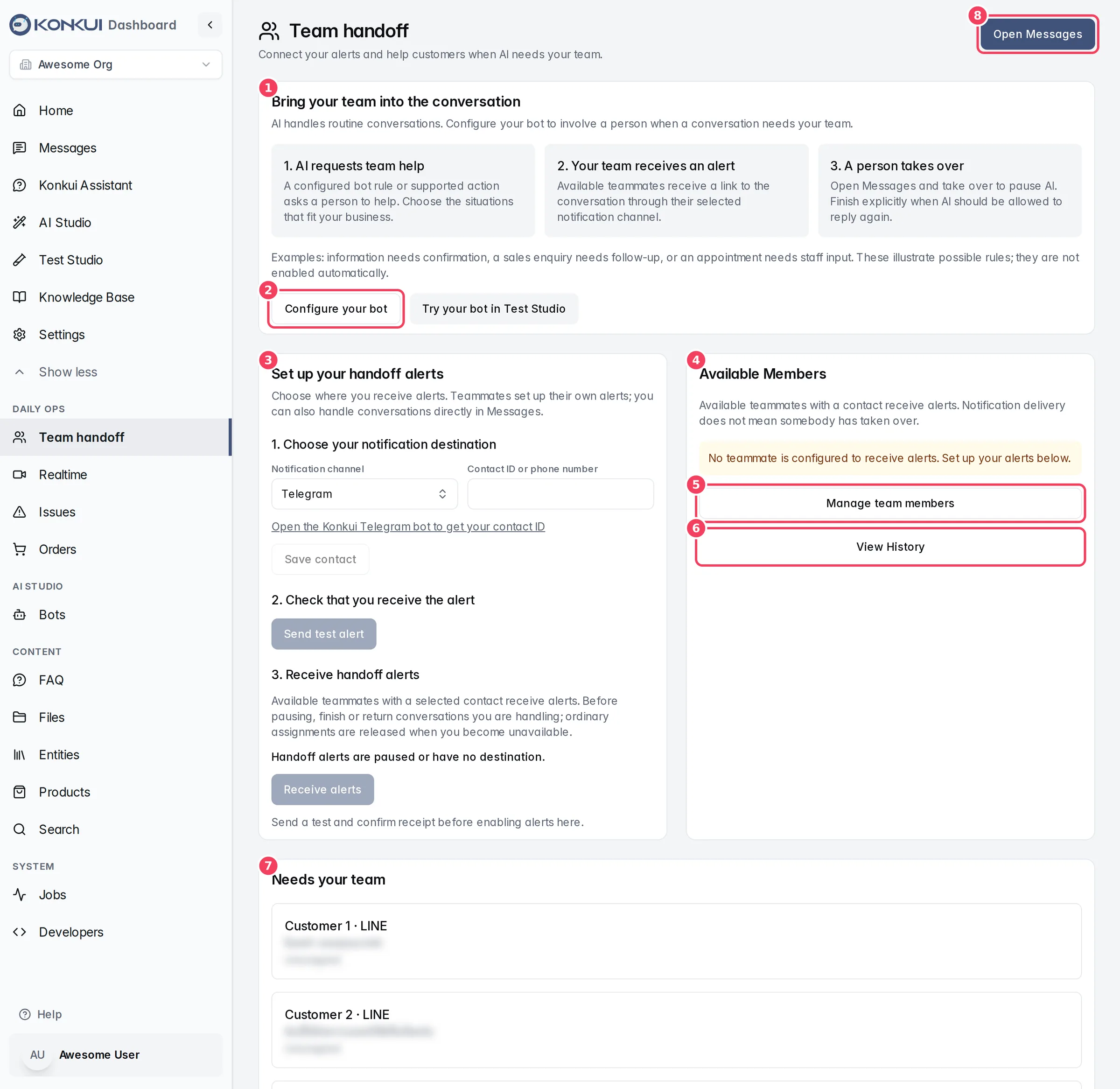 The Team handoff page with the overview, alert setup, available members and waiting conversations