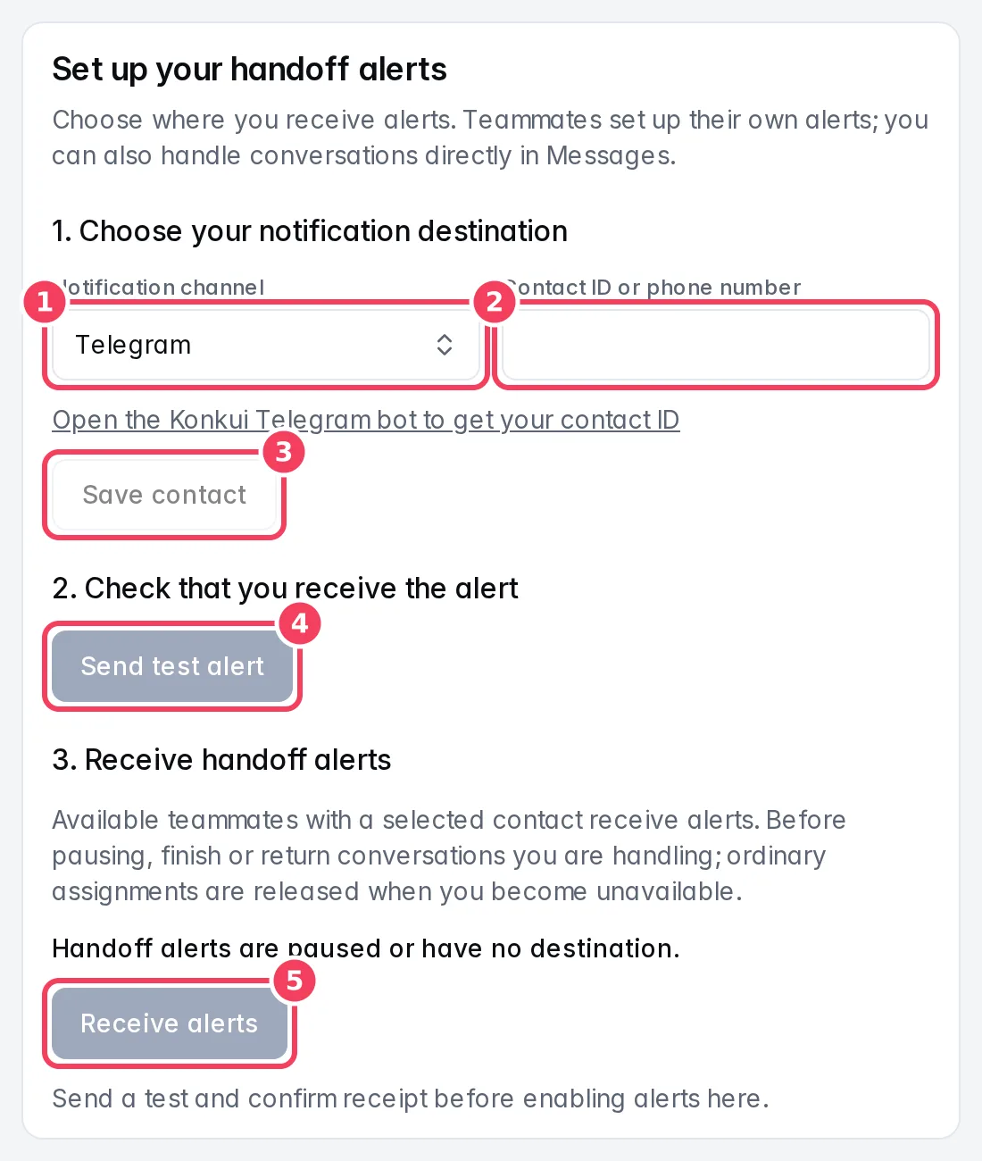 The Set up your handoff alerts card with its three steps