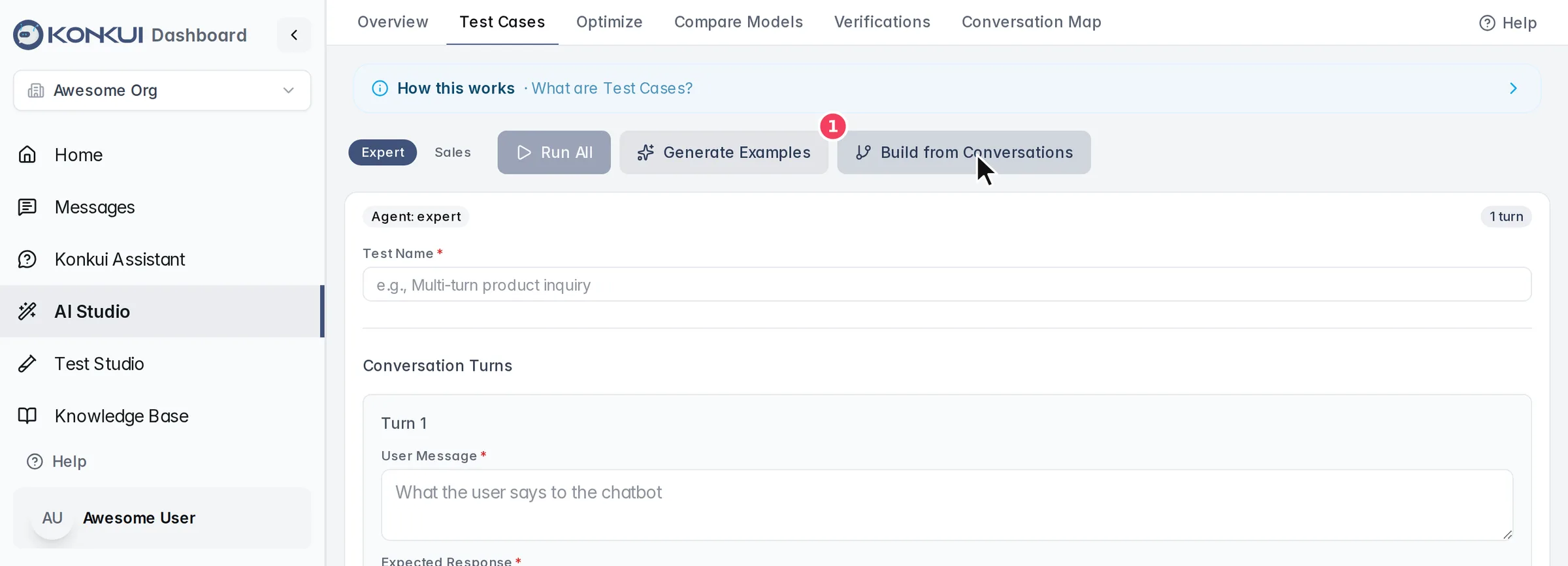 The Build from Conversations button on the Test Cases tab